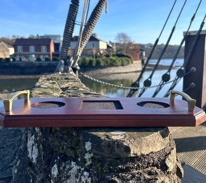 Wooden tray for whiskey decanter and two glasses